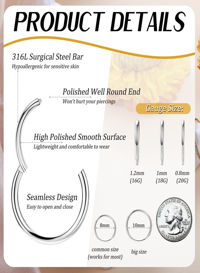 Staligue 3pcs Nose Rings Hoops - 316L Surgical Steel Hinged Nose Hoops 16G/18G/20G CZ Clicker Septum Nose Ring Lip Helix Cartilage Hoop Earring Daith Rook Conch Body Piercing Jewelry for Women Men 8mm 10mm (Silver, 20 gauge(0.8mm)-8mm) - Image 2